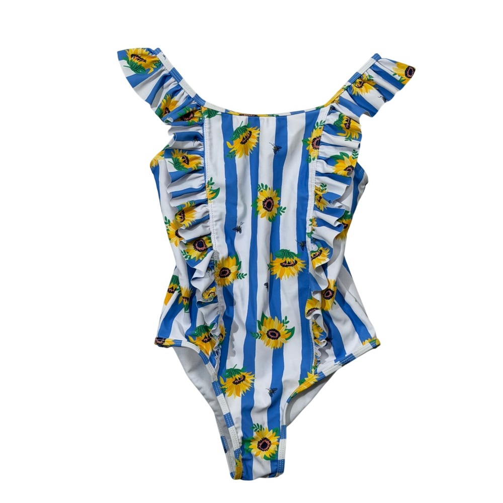 Tommy Bahama One Piece Swimsuit Girls 10 Blue Sunflower Ruffle Striped Bee Print